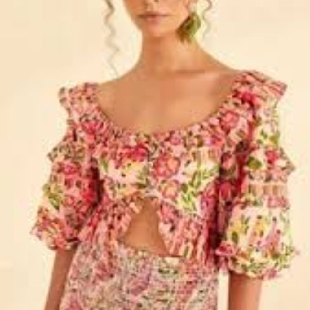 Farm Rio Pink Floral Ruffle Chic Feminine Tropical Fairy Blouse Size Large New